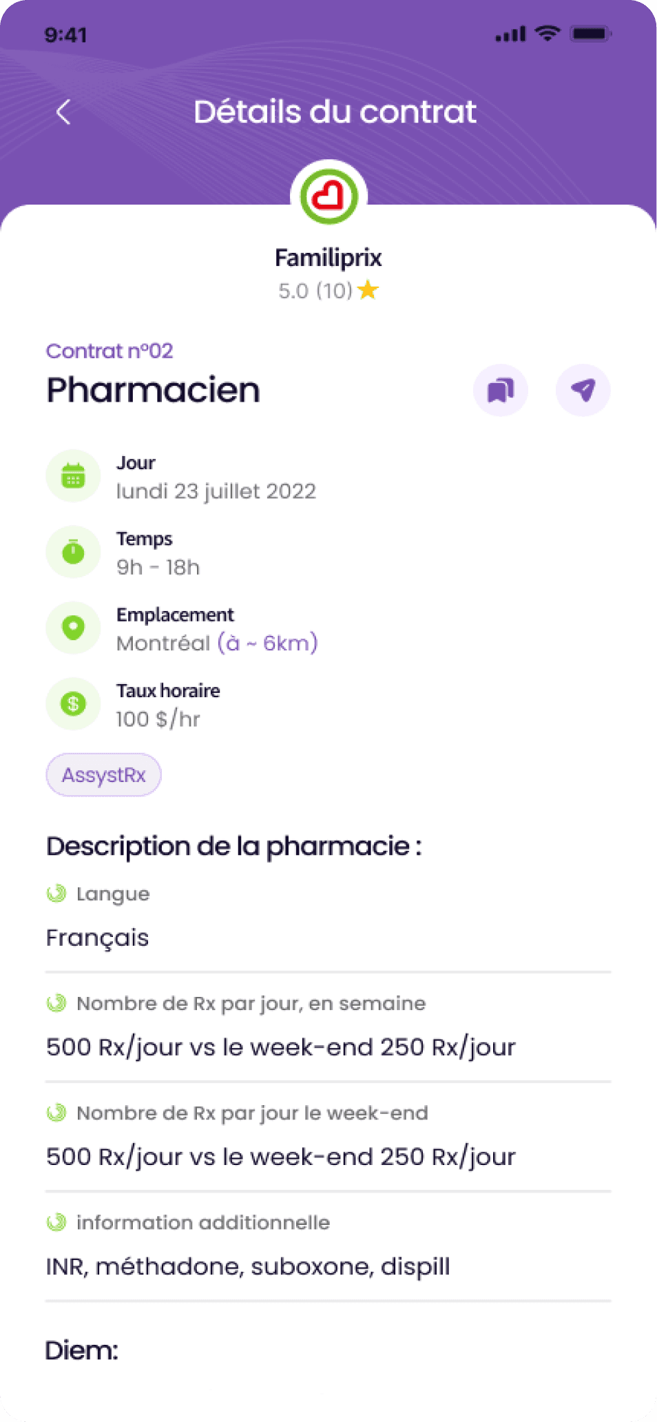 Détails d'un contrat dans l'application Qwik