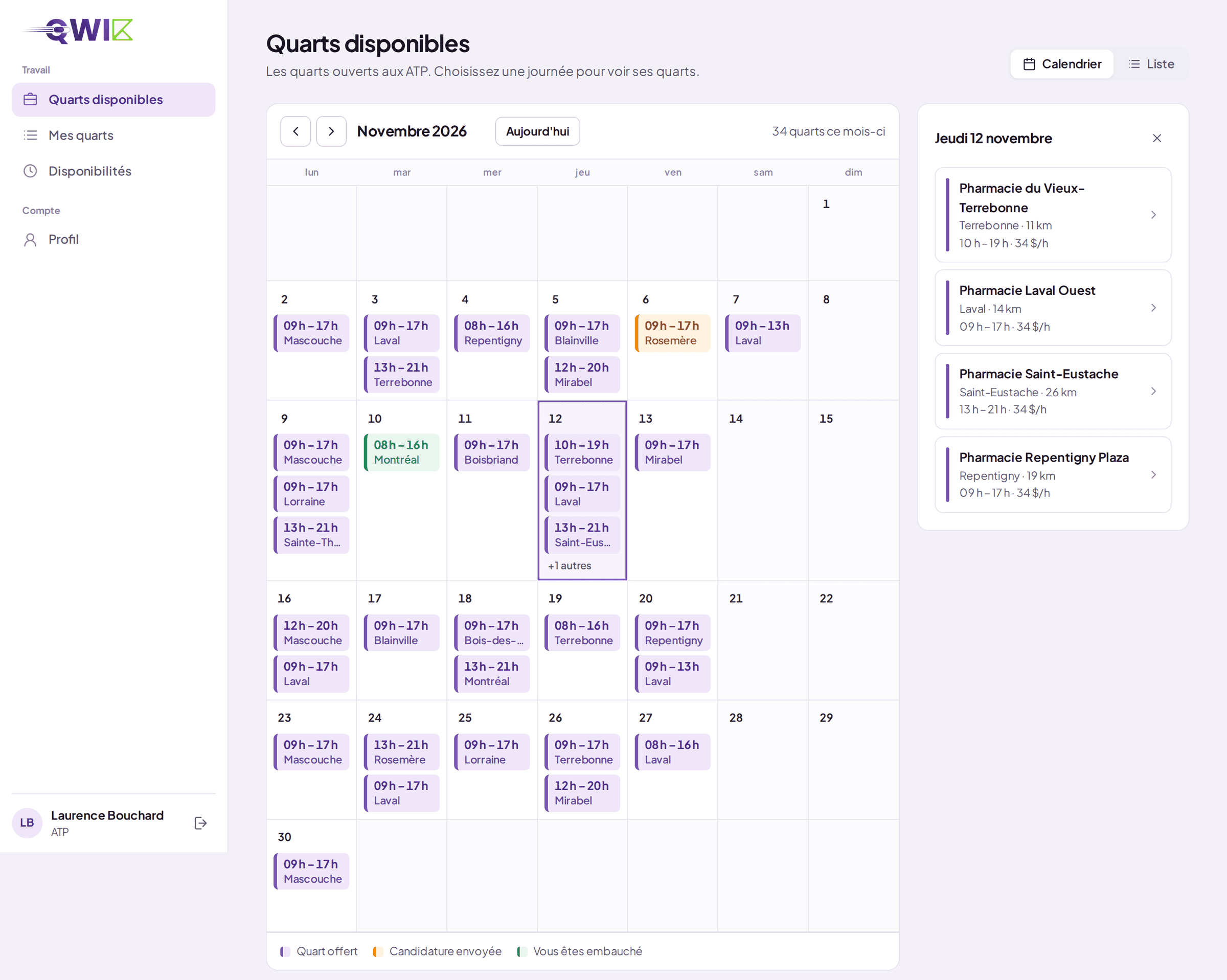 Qwik Web (French interface), open shifts for a pharmacy technician: month view with the hours and city of each shift, and one day's shifts